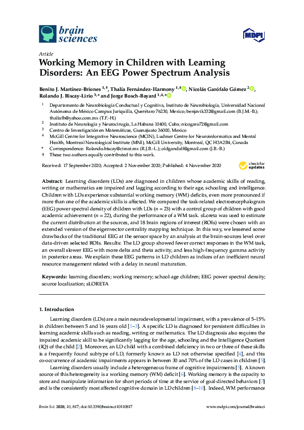 (PDF) Working Memory in Children with Learning Disorders: An EEG Power ...