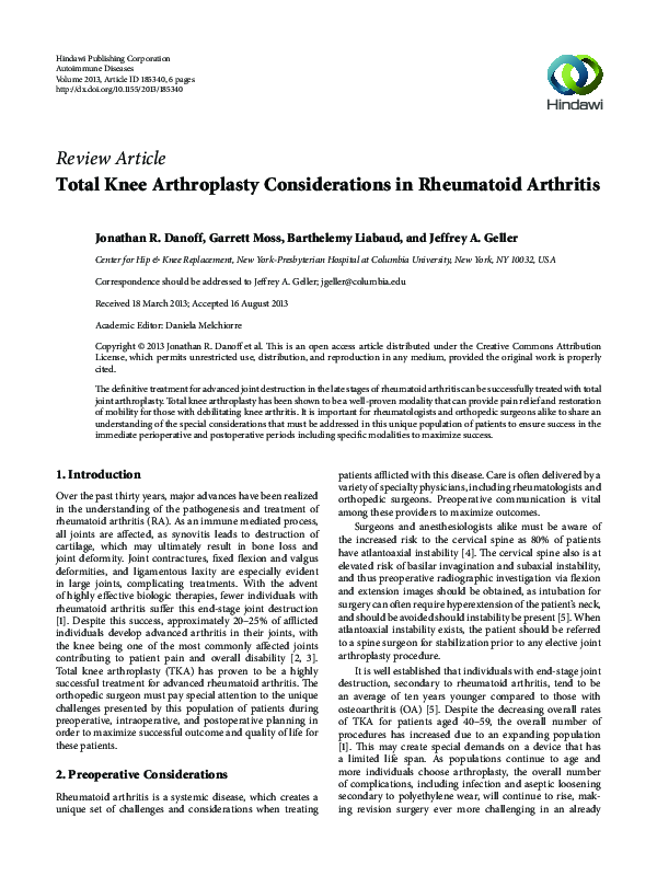 (PDF) Total Knee Arthroplasty Considerations in Rheumatoid Arthritis