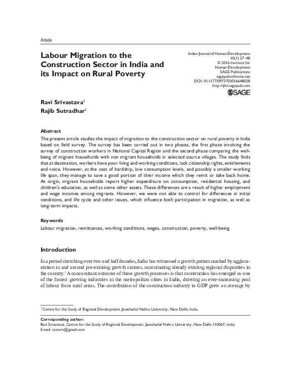 (PDF) Labour Migration to the Construction Sector in India and its ...