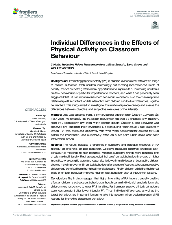 (PDF) Individual Differences in the Effects of Physical Activity on ...