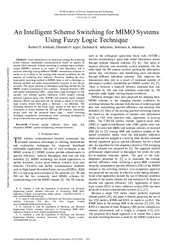 (PDF) An Intelligent Scheme Switching for MIMO Systems Using Fuzzy ...