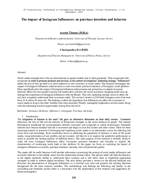 (PDF) The impact of Instagram Influencers on purchase intention and ...