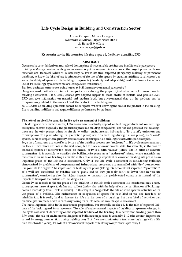 (PDF) Life cycle design in building and construction sector