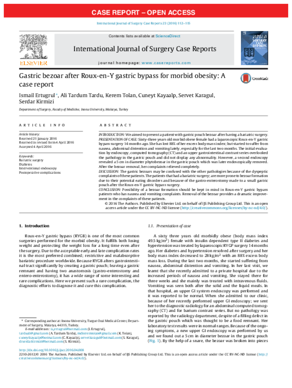 (PDF) Gastric bezoar after Roux-en-Y gastric bypass for morbid obesity ...