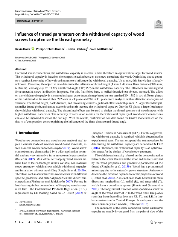 (PDF) Influence of thread parameters on the withdrawal capacity of wood ...