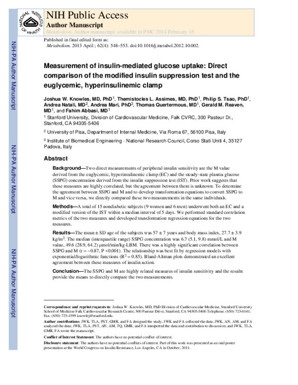 (PDF) Measurement of insulinmediated glucose uptake Direct comparison