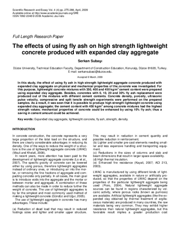 (PDF) The effects of using fly ash on high strength lightweight ...