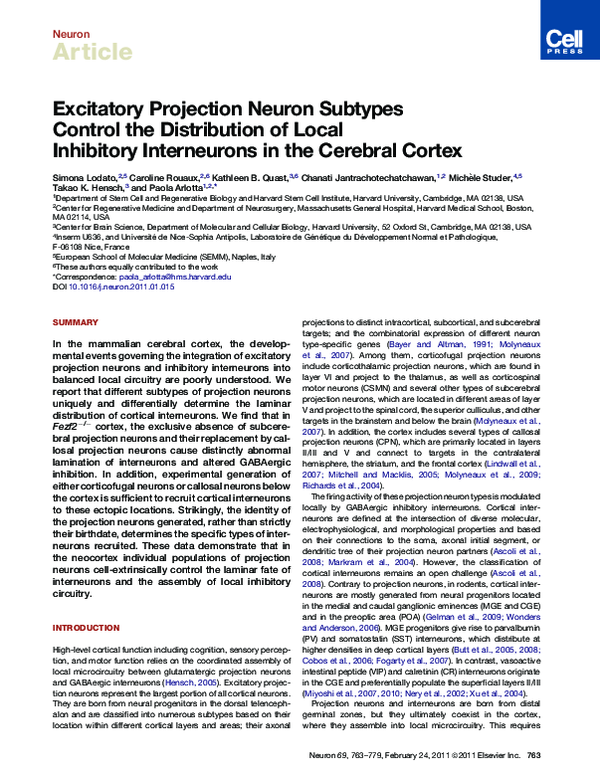 (PDF) Excitatory Projection Neuron Subtypes Control the Distribution of ...
