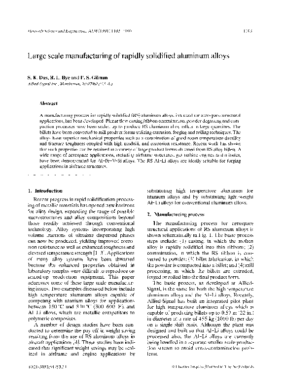 (PDF) Large scale manufacturing of rapidly solidified aluminum alloys