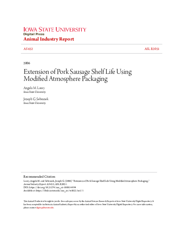 (PDF) Extension of Pork Sausage Shelf Life Using Modified Atmosphere