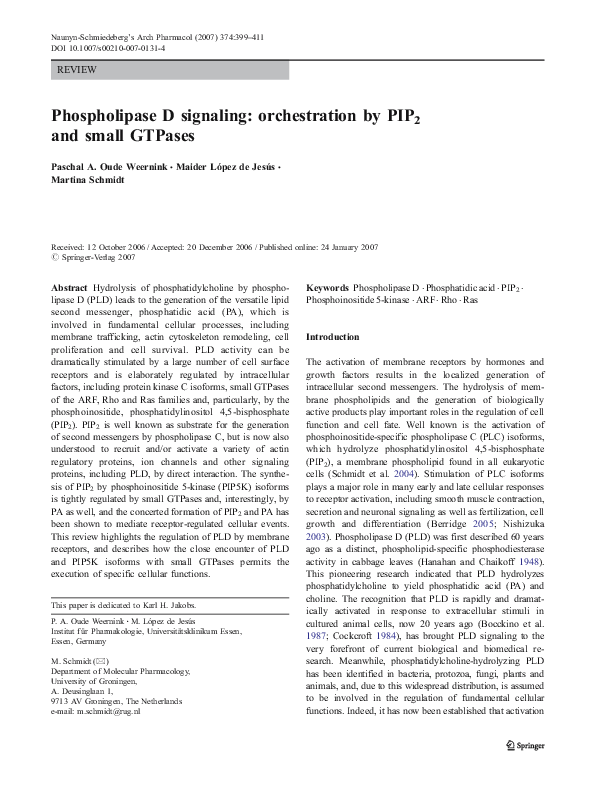 (PDF) Phospholipase D signaling: orchestration by PIP2 and small GTPases
