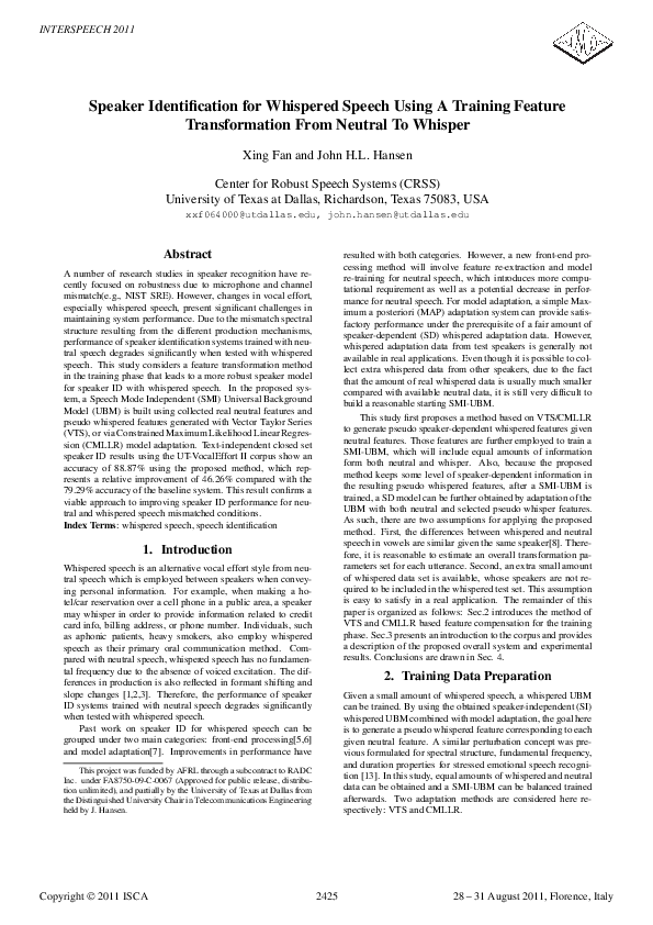 (PDF) Speaker identification for whispered speech using a training ...