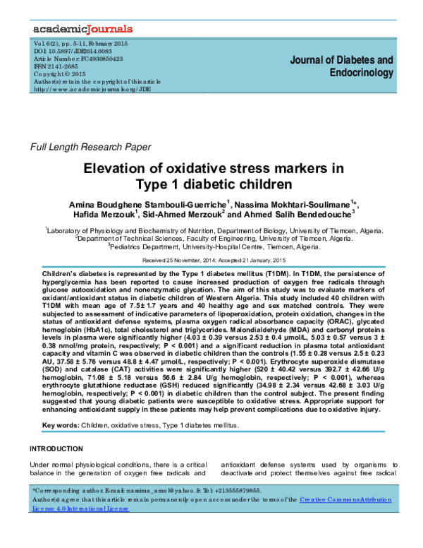 (PDF) Elevation of oxidative stress markers in Type 1 diabetic children