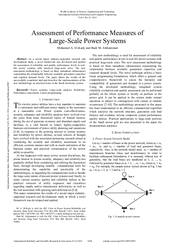 (PDF) Assessment Of Performance Measures Of Large-Scale Power Systems