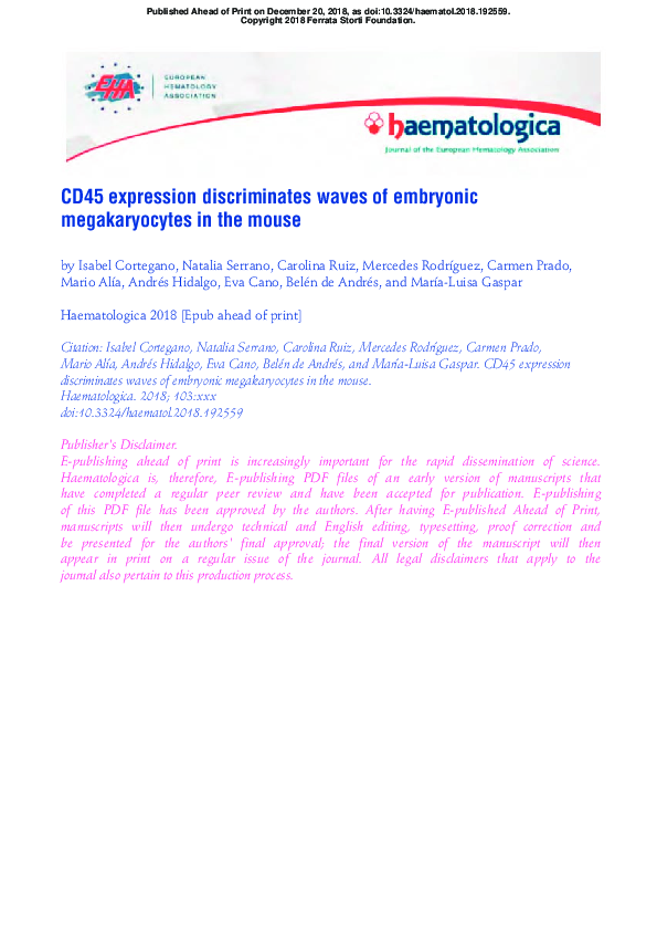 (PDF) CD45 expression discriminates waves of embryonic megakaryocytes ...