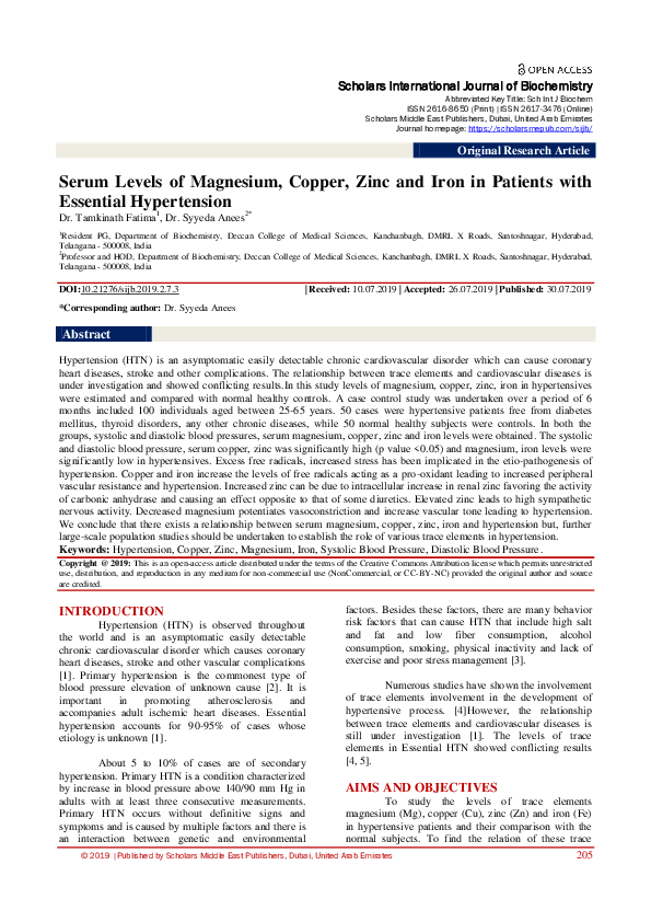 (PDF) Serum Levels of Magnesium, Copper, Zinc and Iron in Patients with ...