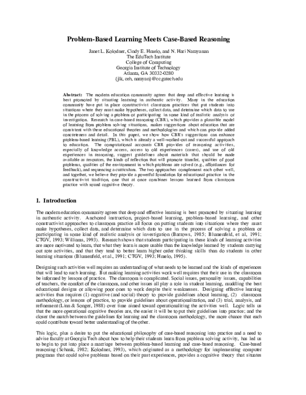 (PDF) Problem-Based Learning Meets Case-Based Reasoning in the Middle ...
