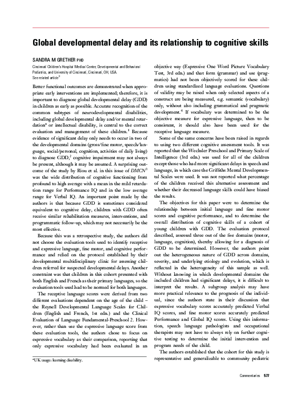 (PDF) Global developmental delay and its relationship to cognitive skills