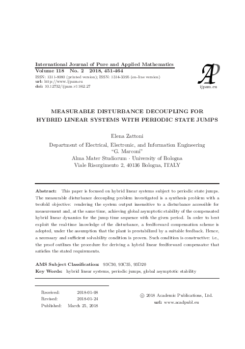 (PDF) Disturbance Decoupling in Hybrid Linear Systems with State Jumps