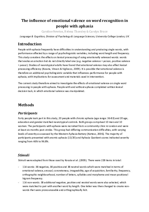 (PDF) The influence of emotional valence on word recognition in people ...