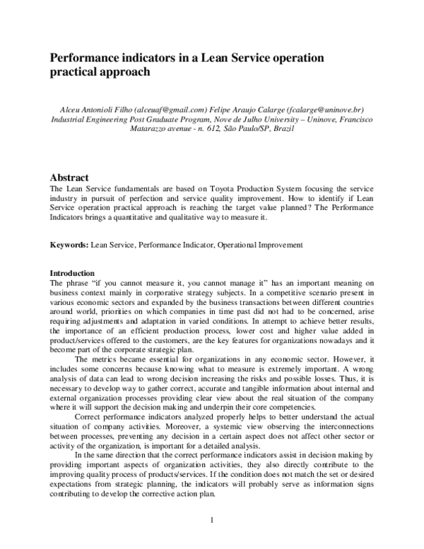 (PDF) Performance indicators in a Lean Service operation practical approach