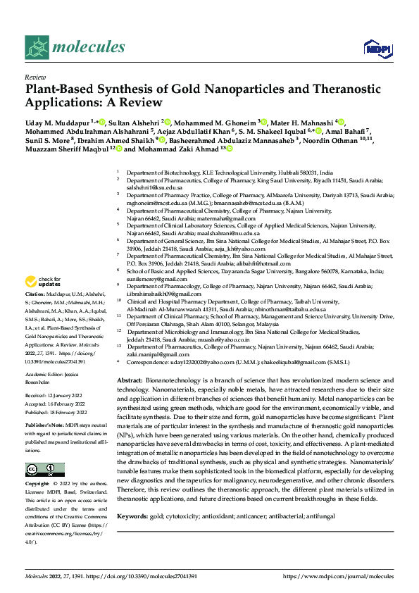 (PDF) Plant-Based Synthesis of Gold Nanoparticles and Theranostic ...