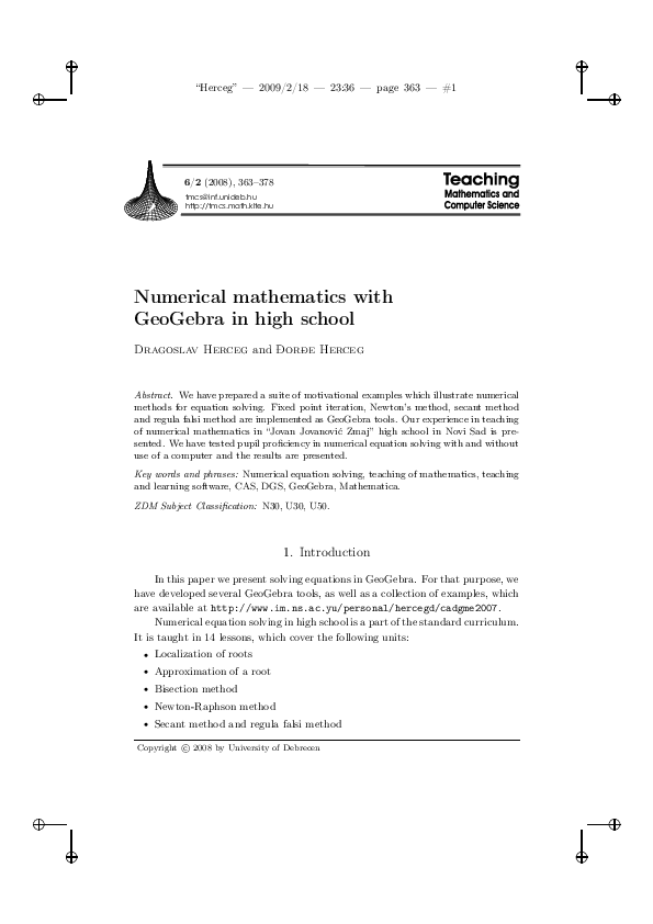 (PDF) Numerical mathematics with GeoGebra in high school