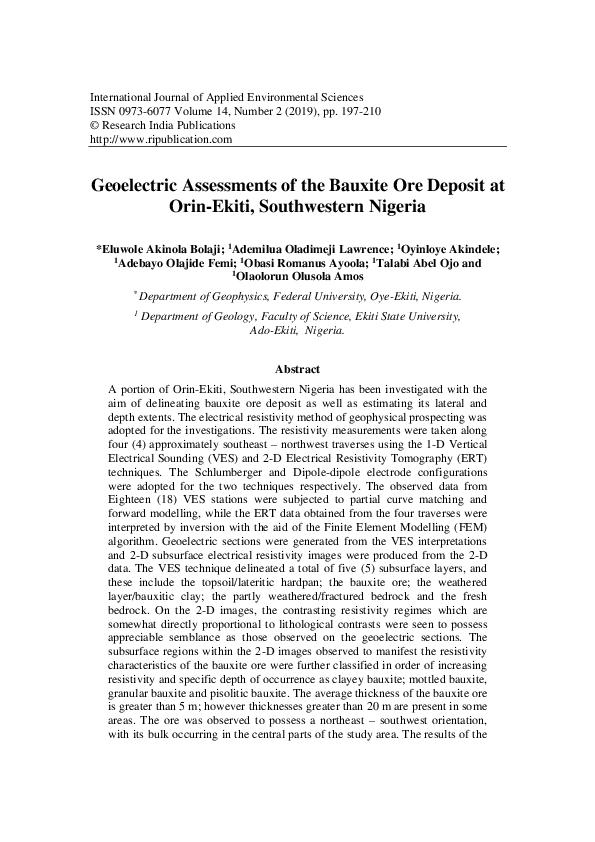 (PDF) Geoelectric Assessments of the Bauxite Ore Deposit at OrinEkiti, Southwestern Nigeria