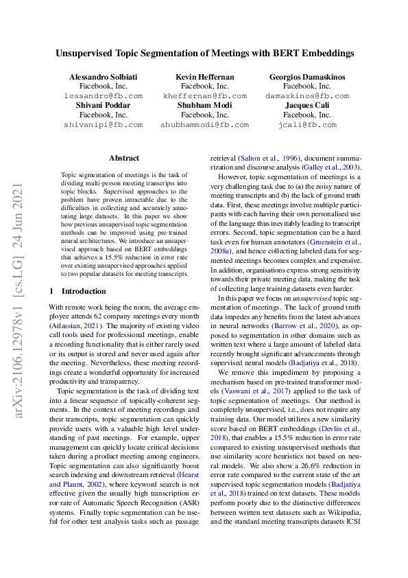 (PDF) Unsupervised Topic Segmentation of Meetings with BERT Embeddings
