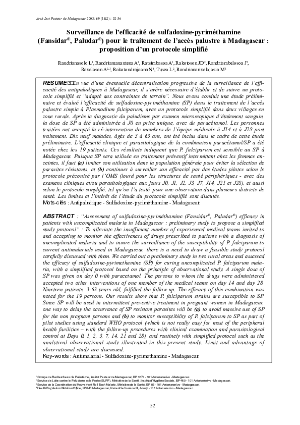 (PDF) Surveillance de l'efficacité de sulfadoxine-pyriméthamine ...