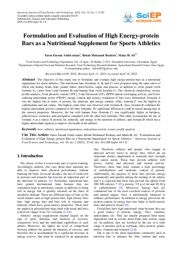 (PDF) Formulation and Evaluation of High Energy-protein Bars as a ...