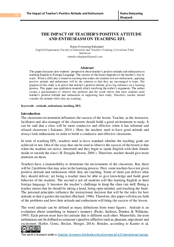 (PDF) The Impact of Teacher's Positive Attitude and Enthusiasm on ...