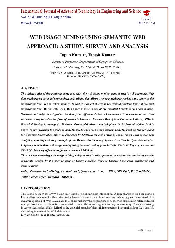 (PDF) Web Usage Mining Using Semantic Web Approach: A Study, Survey and ...