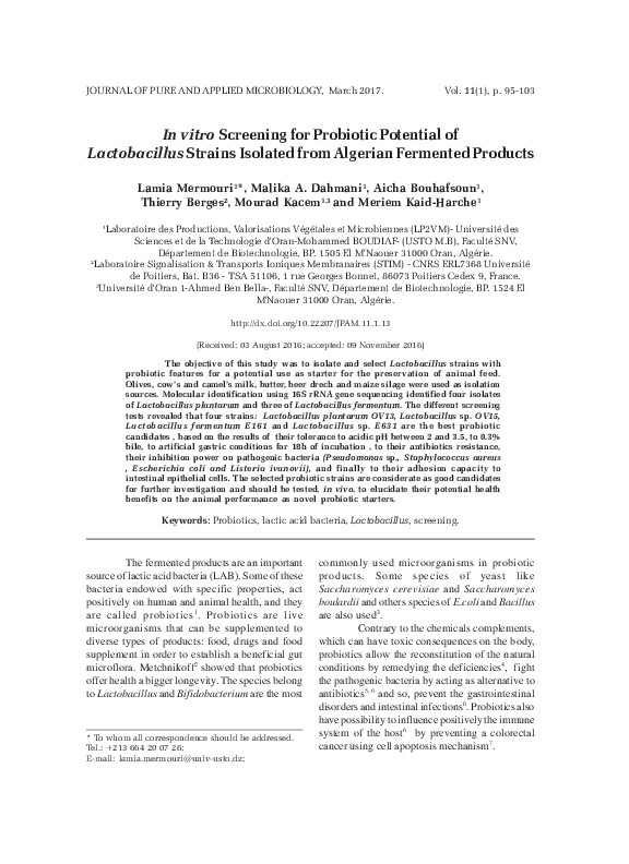 (PDF) In vitro Screening for Probiotic Potential of Lactobacillus ...