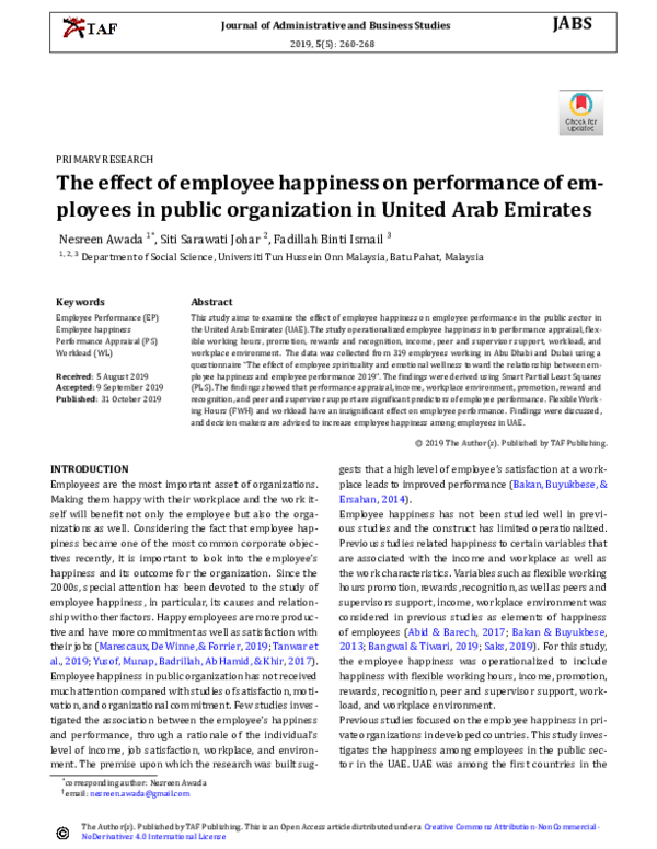 (PDF) The effect of employee happiness on performance of employees in ...