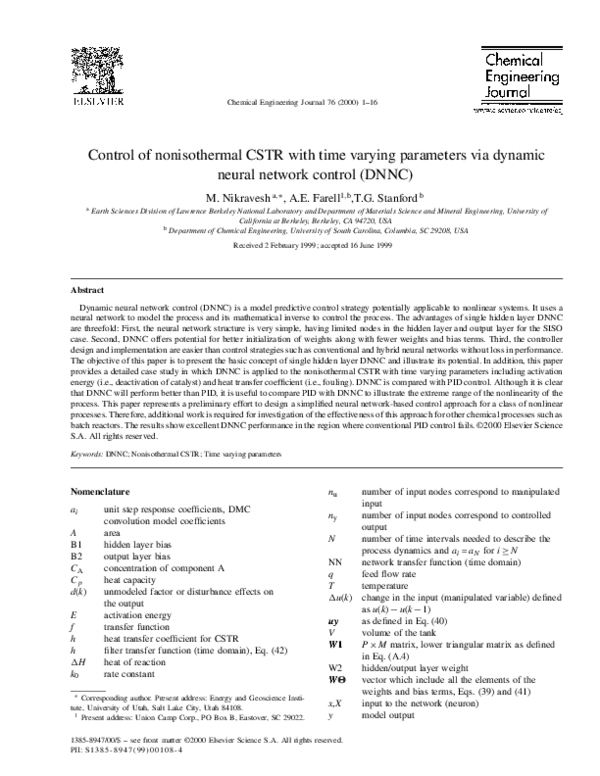 (PDF) Control of nonisothermal CSTR with time varying parameters via ...