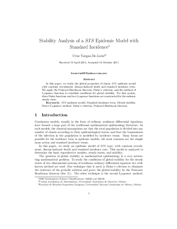 (PDF) Stability analysis of a SIS epidemic model with standard incidence