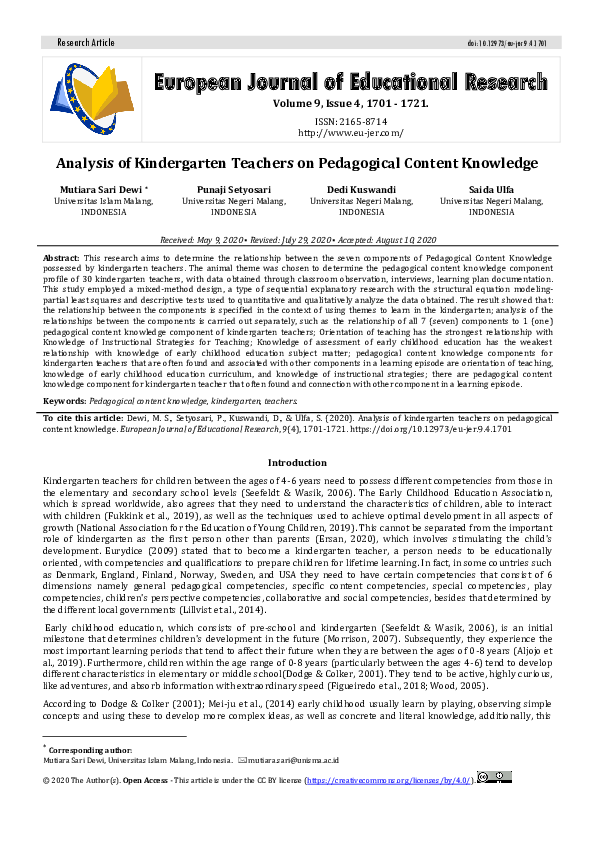 (PDF) Analysis of Kindergarten Teachers on Pedagogical Content Knowledge