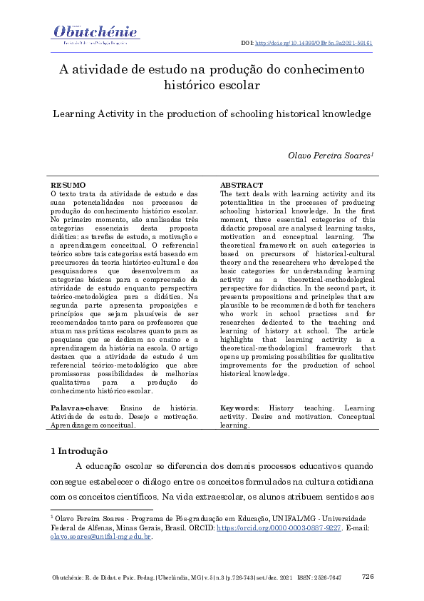 (PDF) A atividade de estudo na produção do conhecimento histórico escolar Olavo Soares (PDF) A atividade de estudo na produção do conhecimento histórico escolar Olavo Soares