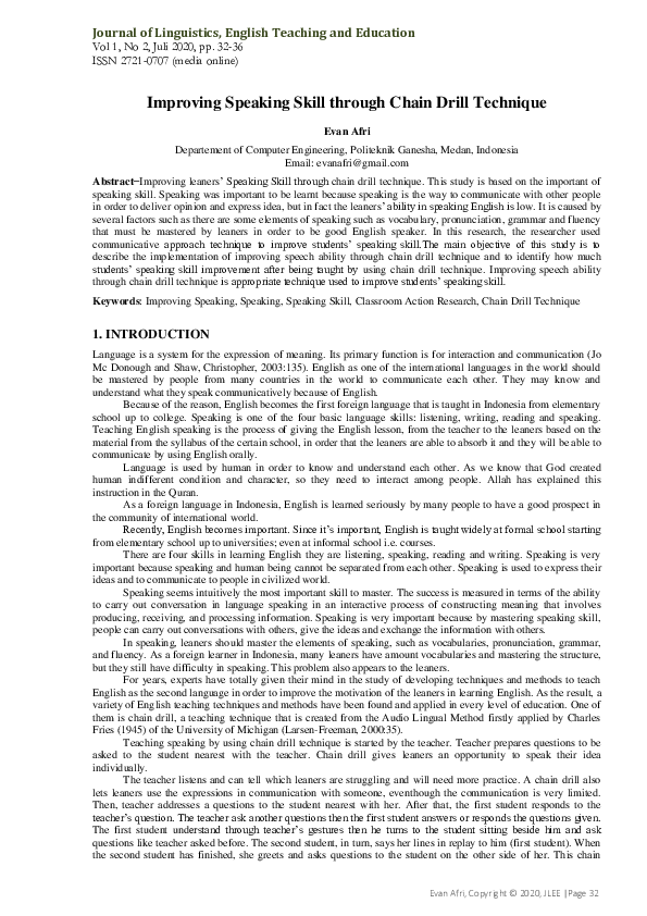 (PDF) Improving Speaking Skill through Chain Drill Technique