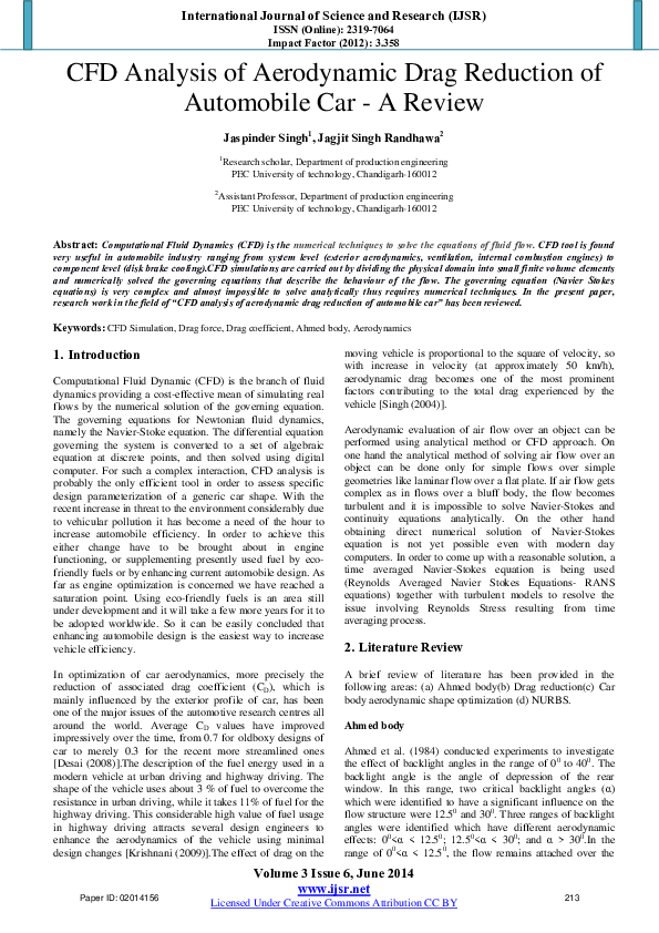 (PDF) CFD Analysis of Aerodynamic Drag Reduction of Automobile Car-A Review