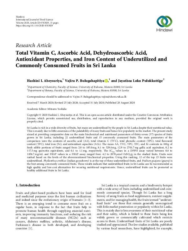 (PDF) Total Vitamin C, Ascorbic Acid, Dehydroascorbic Acid, Antioxidant