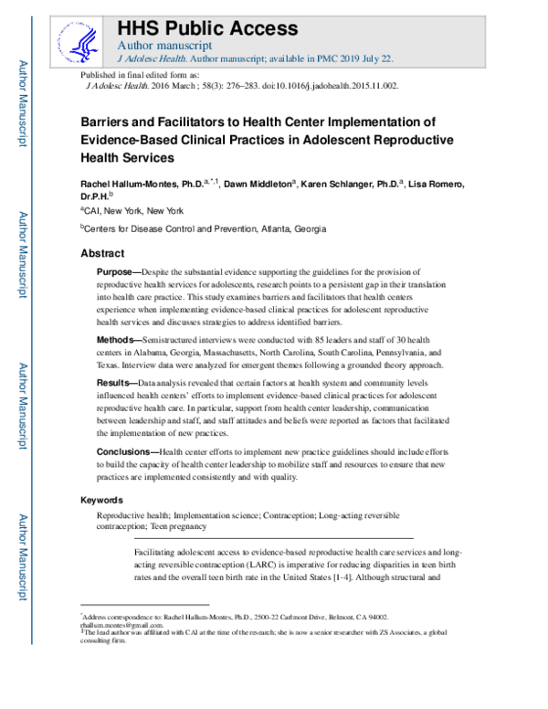 (PDF) Barriers and Facilitators to Health Center Implementation of ...