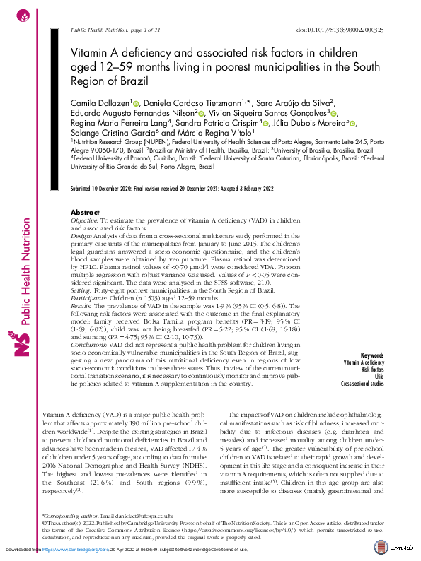(PDF) Vitamin A deficiency and associated risk factors in children aged ...