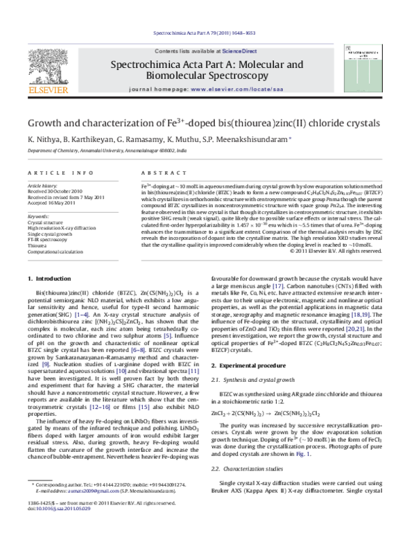 (PDF) Growth and characterization of Fe3+doped bis(thiourea)zinc(II