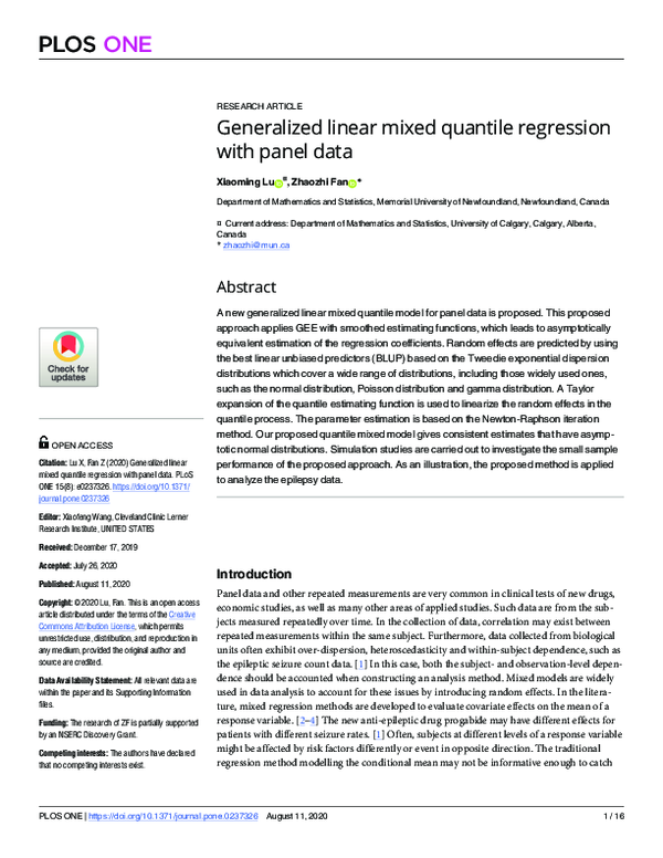 (PDF) Generalized linear mixed quantile regression with panel data