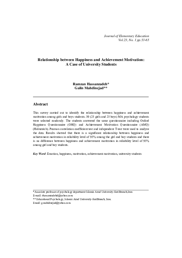 (PDF) Relationship between Happiness and Achievement Motivation : A ...