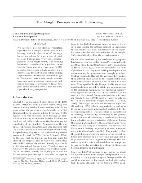 (PDF) The Margin Perceptron with Unlearning