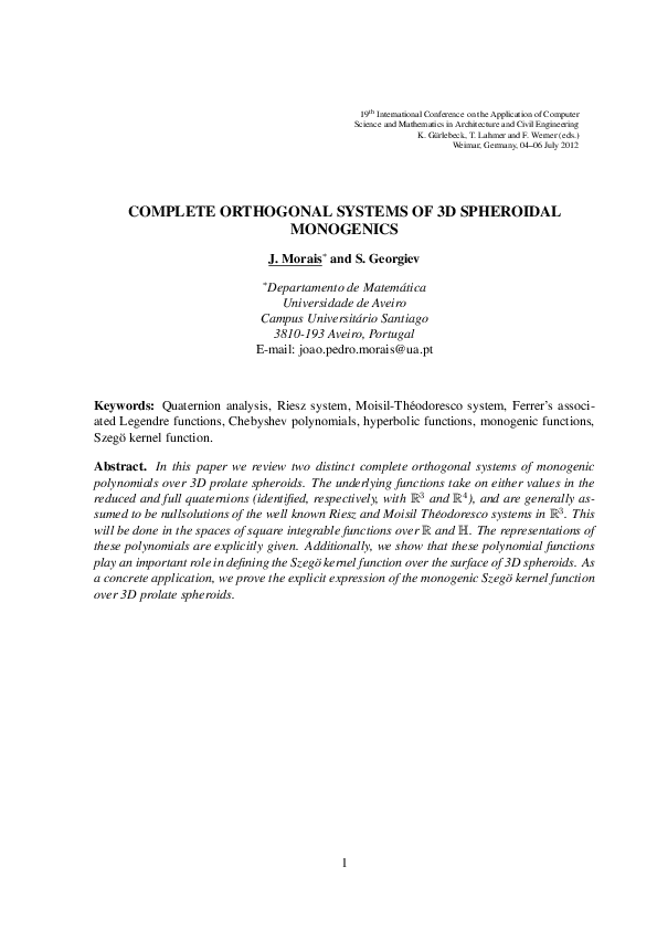(PDF) Complete Orthogonal Systems of 3D Spheroidal Monogenics Svetlin