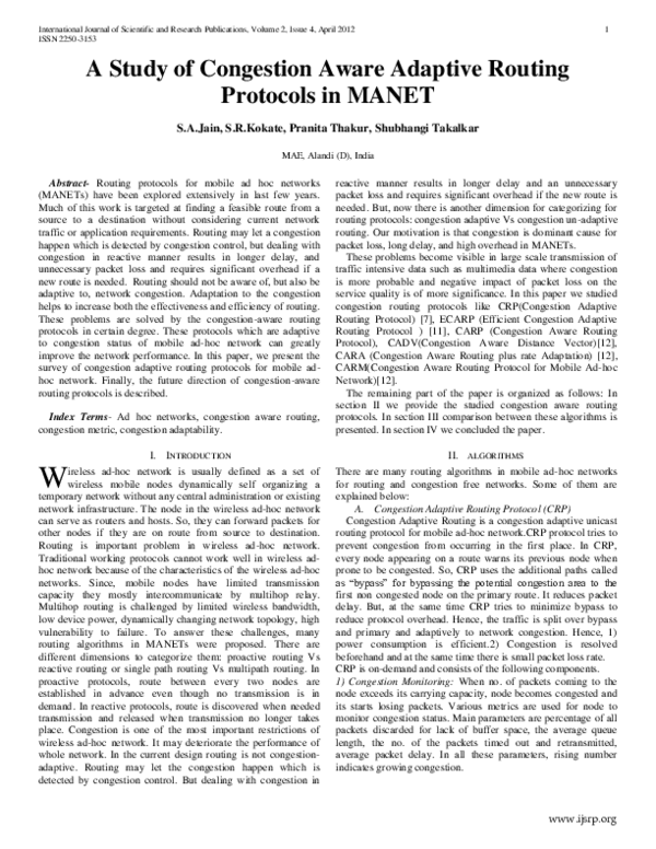 (PDF) A Study of Congestion Aware Adaptive Routing Protocols in MANET